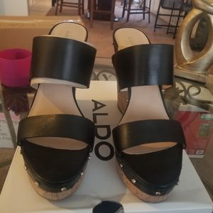 Aldo Loviesien Black Leather Wedge Heels